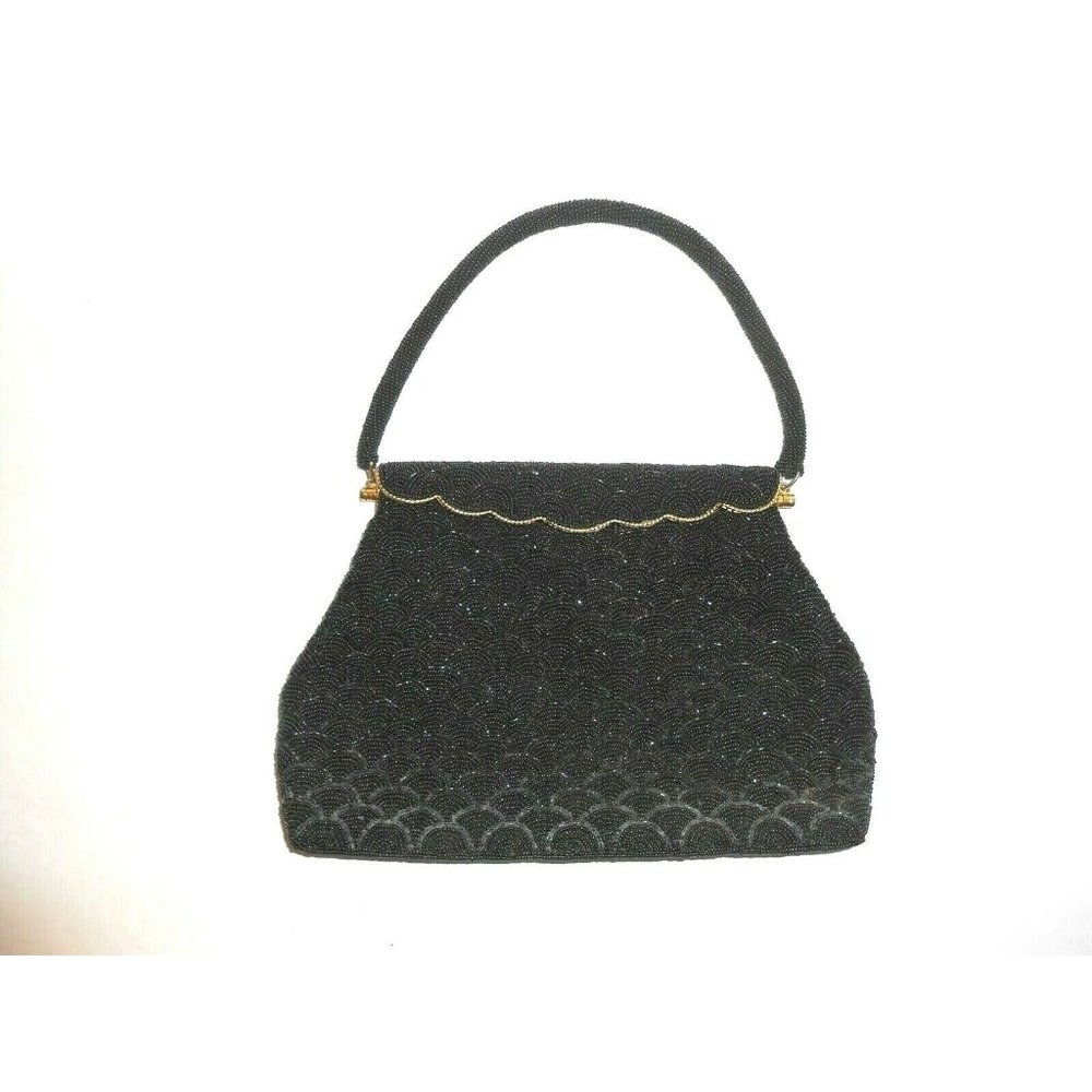 Black Fan Beaded Top Handle Handbag by Kisha's Eas